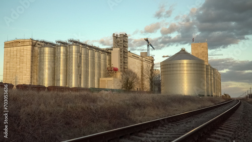 An industrial object: a company in the grain processing industry with a railway track for freight transport. Dobele region, Latvia.