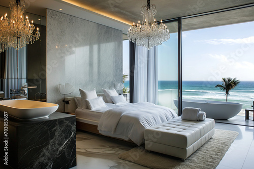 Opulent suite in a fivestar hotel with kingsized bed, marble bathroom, chandeliers, and serene beach view photo