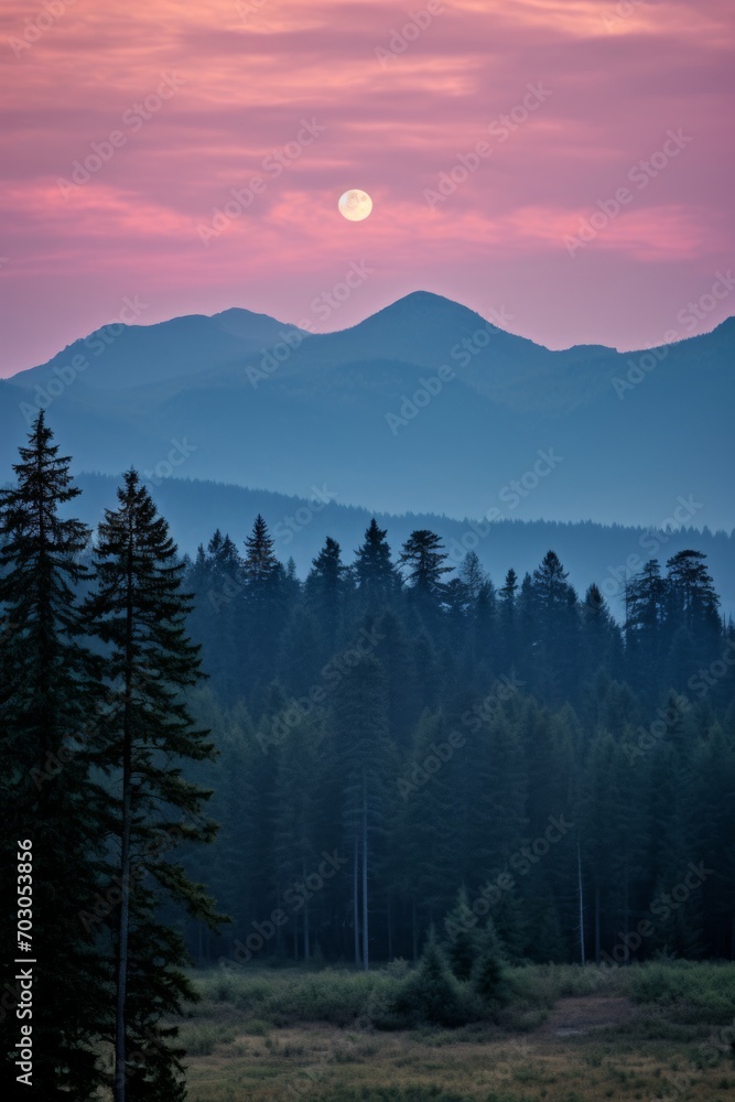 Generative AI image of a pastel moonrise over the forested mountains of western Montana