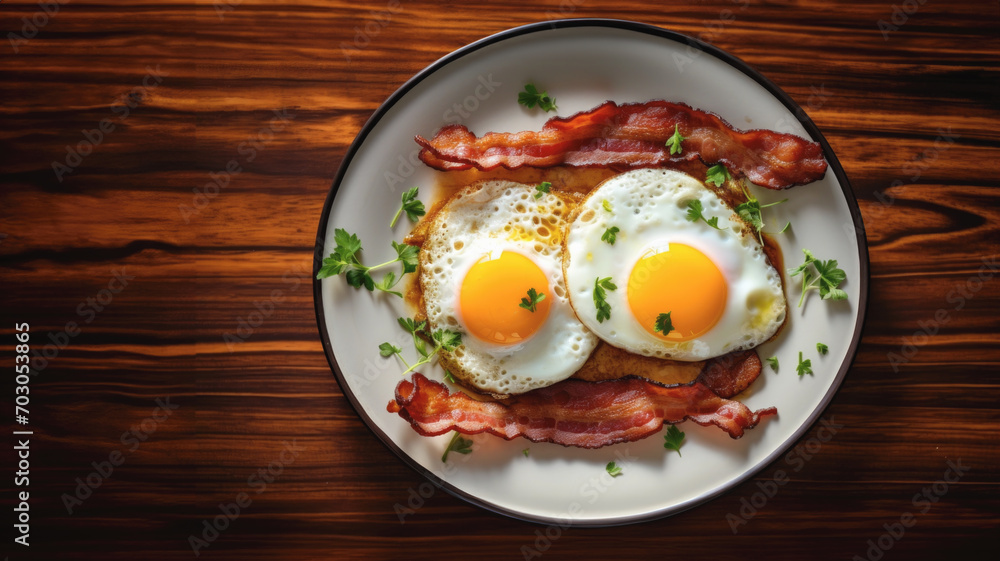 A plate of bacon and eggs on a wooden counter top or kitchen table. A plate of bacon and eggs on a wooden counter top or kitchen table.