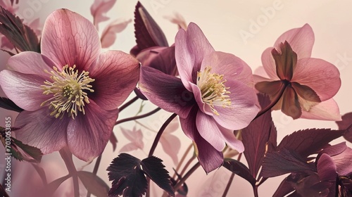 Spring hellebores on gradient pink-to-beige paper, as detailed as an HD photograph photo