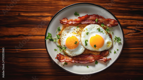 A plate of bacon and eggs on a wooden counter top or kitchen table.