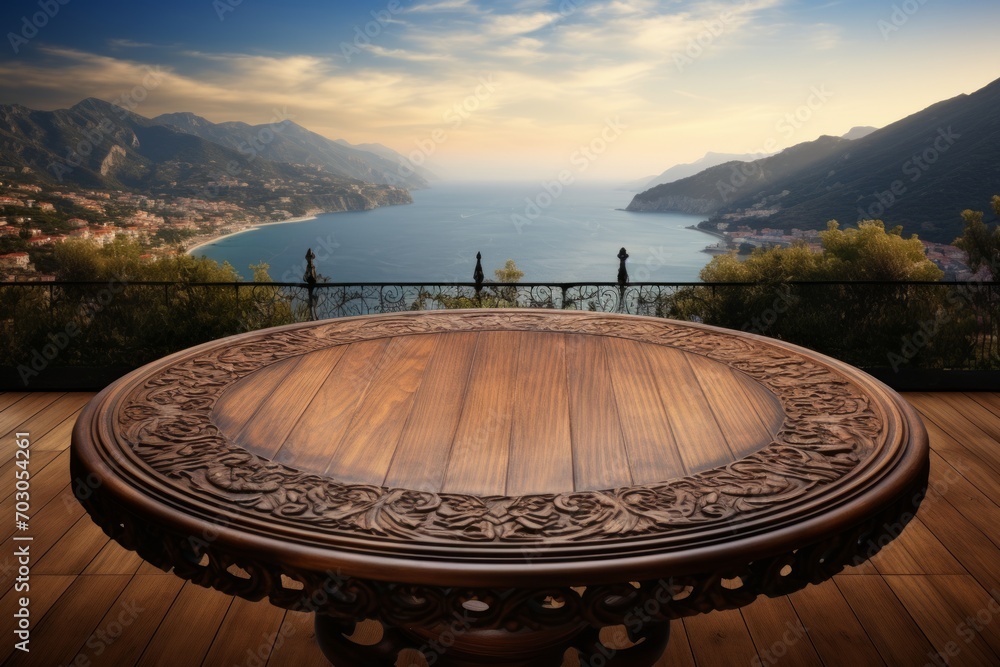 Generative AI image of wooden round table from the balcony overlooking the ocean