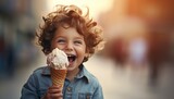 Generative AI image of young boy is happy and eating ice cream