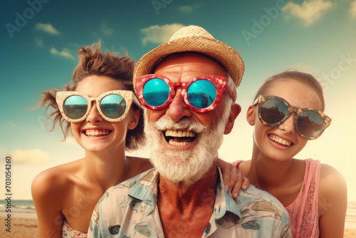Generative AI image of young ageing happy family at the beach