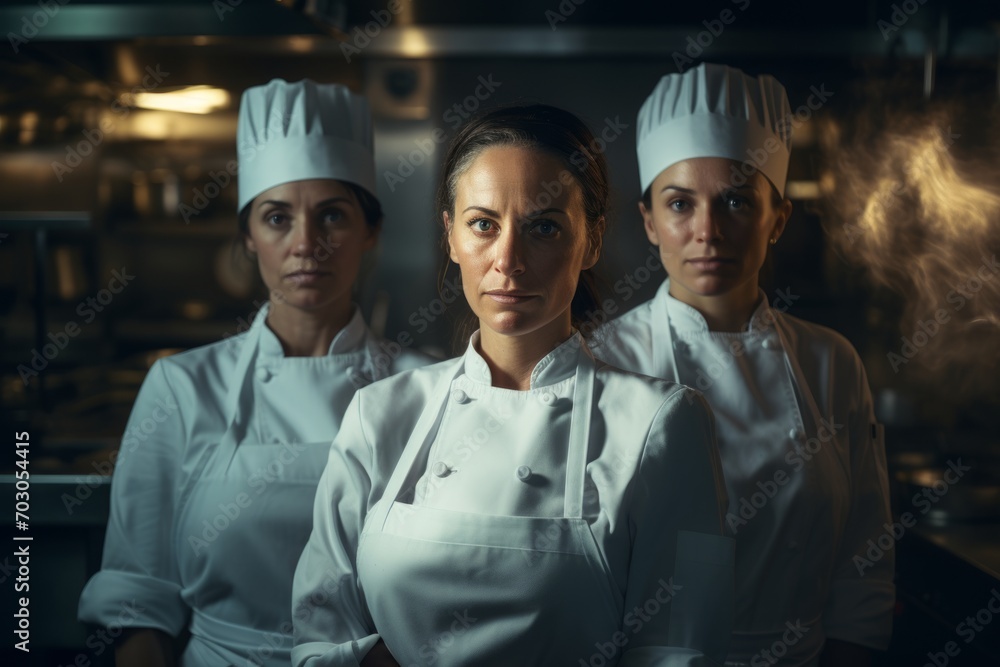 Generative AI image of three women chefs in a restaurant kitchen