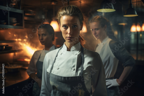 Generative AI image of three women chefs in a restaurant kitchen © Eitan Baron