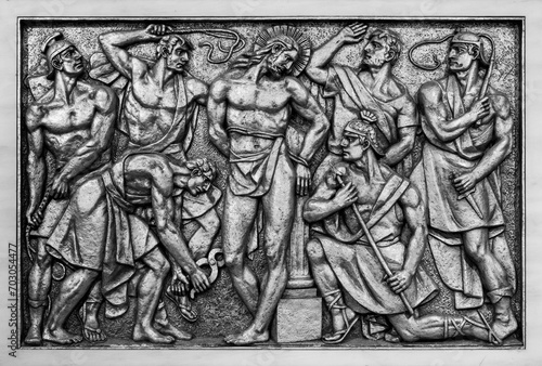 The Scourging at the Pillar – Second Sorrowful Mystery. A relief sculpture in the Basilica of Our Lady of the Rosary of Fatima in Fatima, Portugal. 10 Aug 2023.