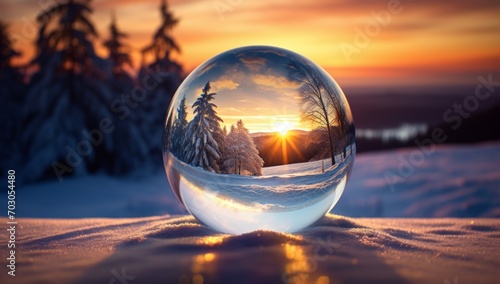 Generative AI image of a snow ball and sunset from the past over the land