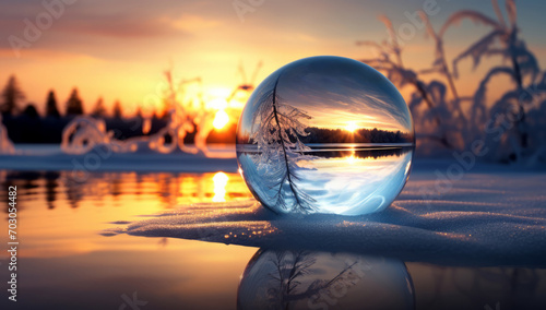 Generative AI image of a snow ball and sunset from the past over the land © Eitan Baron