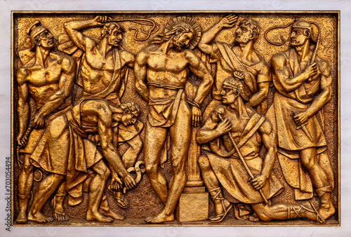 The Scourging at the Pillar – Second Sorrowful Mystery. A relief sculpture in the Basilica of Our Lady of the Rosary of Fatima in Fatima, Portugal. 10 Aug 2023. photo