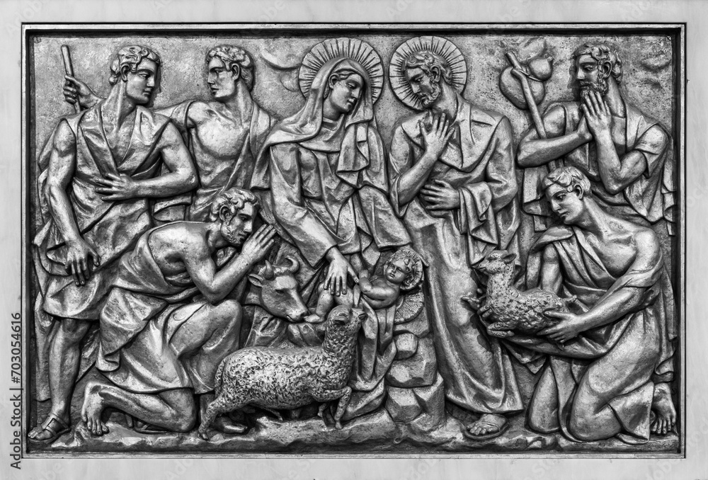 The Nativity of Jesus in Bethlehem – Third Joyful Mystery. A relief sculpture in the Basilica of Our Lady of the Rosary of Fatima. 10 Aug 2023.