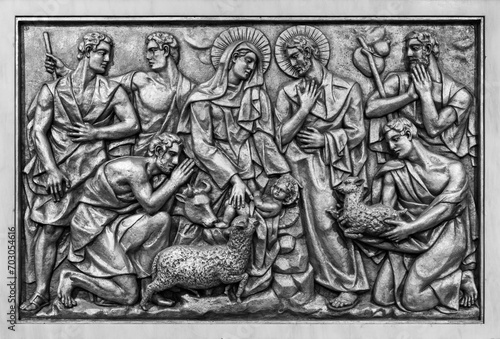 The Nativity of Jesus in Bethlehem – Third Joyful Mystery. A relief sculpture in the Basilica of Our Lady of the Rosary of Fatima. 10 Aug 2023.