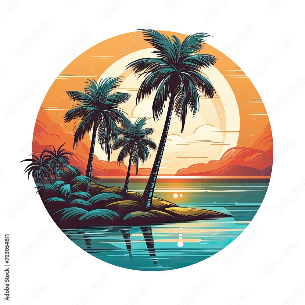 Tropical paradise palm trees and sun logo concept poster for the holidays and vacation Summer paradise Tropical paradise palm trees and sun logo concept poster for the holidays and vacation Summer paradise