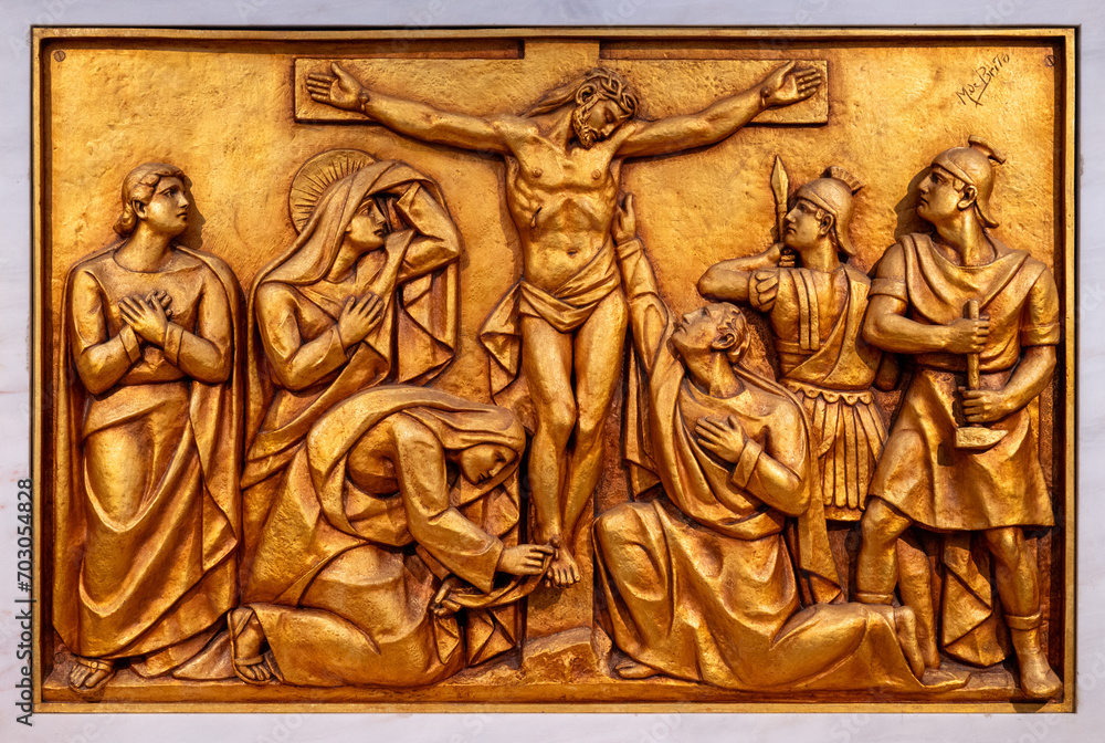 The Crucifixion and Death of Jesus – Fifth Sorrowful Mystery. A relief sculpture in the Basilica of Our Lady of the Rosary of Fatima. 10 Aug 2023.