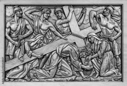 The Carrying of the Cross – Fourth Sorrowful Mystery. A relief sculpture in the Basilica of Our Lady of the Rosary of Fatima. 10 Aug 2023. © Adam Ján Figeľ