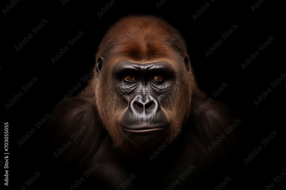 A gorilla, its face etched with seriousness and aggression, is shown in a frontal portrait against a black background, its immense presence undeniable.