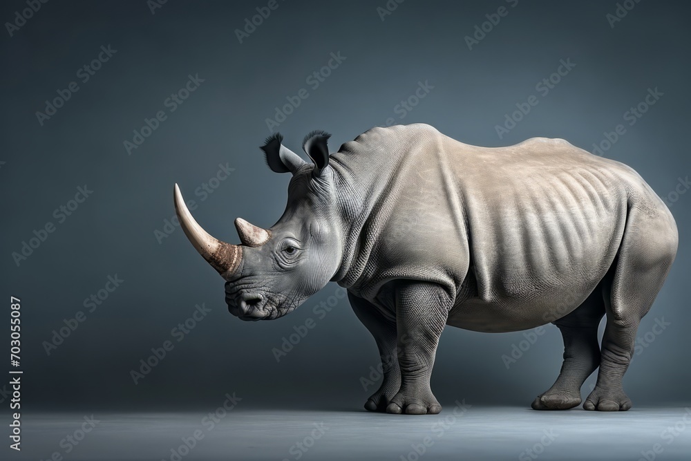 Fototapeta premium A rhino, appearing as if it's playing badminton, stands against a gray background.