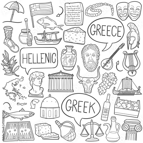 Greek Doodle Icons Black and White Line Art. Greece Clipart Hand Drawn Symbol Design.