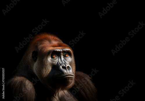 A gorilla, its face etched with seriousness and tension, is portrayed against a black background, its immense presence palpable. © Duka Mer
