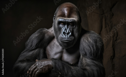 A gorilla, its look serious and menacing, is shown sitting in front of a rugged rock wall, its grumpy demeanor evident.