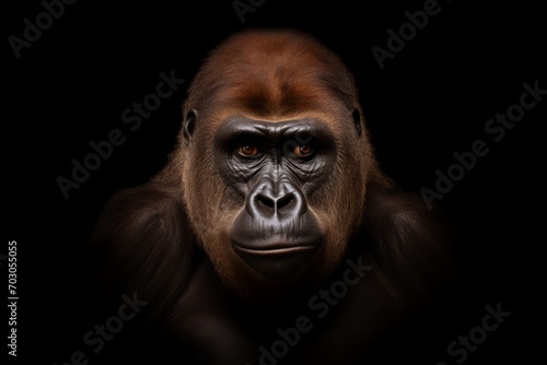 A gorilla, its face etched with seriousness and aggression, is shown in a frontal portrait against a black background, its immense presence undeniable.