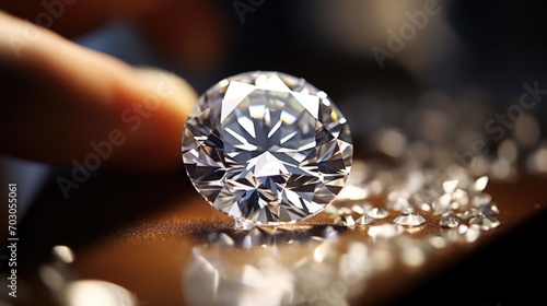 Closeup of a sparkling diamond being examined and p in a custom setting by a jewelry designer.