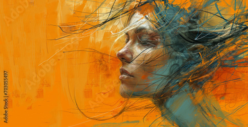 An expressive digital painting depicts a woman with her hair blowing in the wind, creating a beautiful and stunning portrait. © Duka Mer