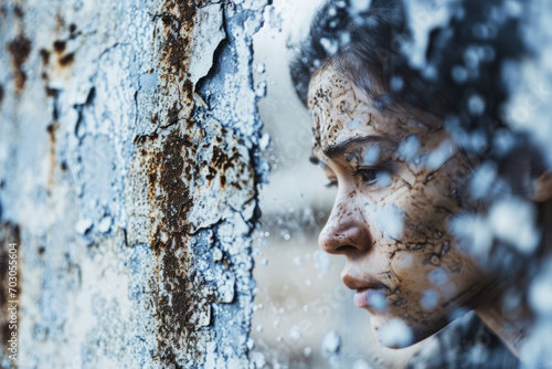 A person looks out a window, their face covered in mud and raindrops, in a dramatic and emotive portrait.