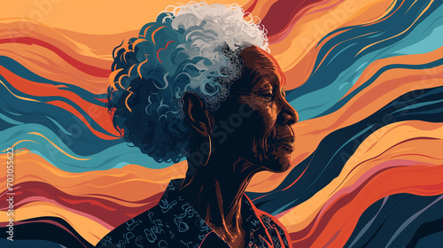 Abstract illustration of senior black african american with dementia alzheimers mental disorder, degenerative disease photo