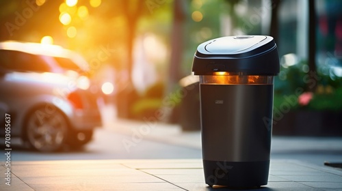 Macro image of a smart trash can, activated by motion sensor for easy handsfree disposal. photo