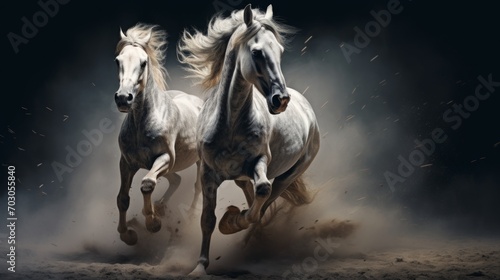Generative AI image of two white horses running in the desert photo