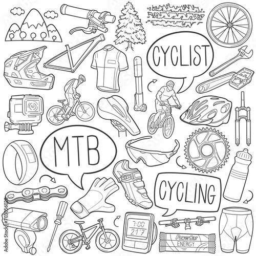 Mountain Bike Doodle Icons Black and White Line Art. MTB Clipart Hand Drawn Symbol Design.