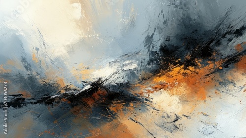 An expressive digital painting presents a beautiful abstract artwork in vibrant orange and black colors. © Duka Mer