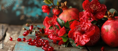 Beautiful red flowers clustered on a pomegranate photo