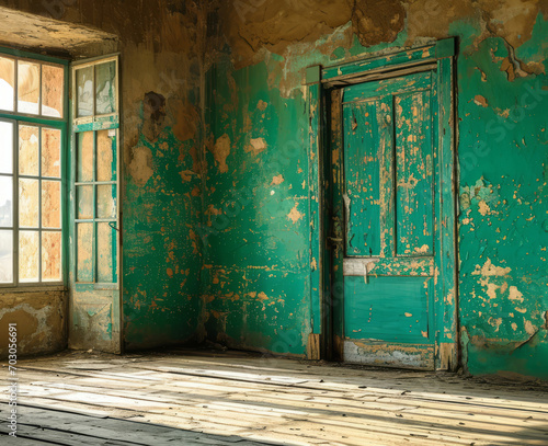 An old room with peeling paint and a green door is depicted, the scene capturing the dilapidated look of an abandoned house. © Duka Mer