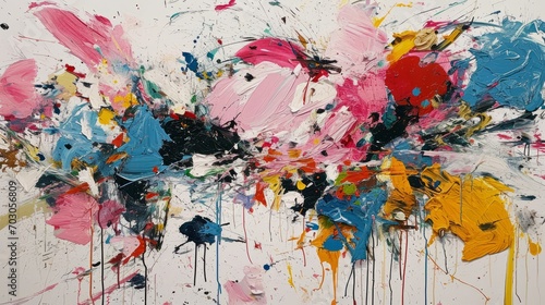 A painting showcases a multitude of paint splatters, the canvas filled with abstract expressionism and splashes of acrylic paint.