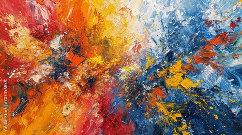 A vibrant oil painting features multiple colors of paint, creating a bright explosion in an abstract acrylic art piece.