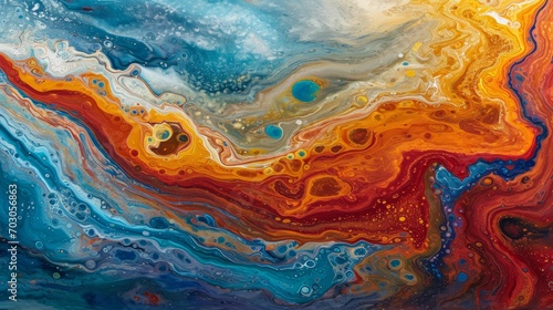 An abstract liquid acrylic art piece depicts a wave, with intricate flowing paint creating colorful swirls in a fluid acrylic pour.