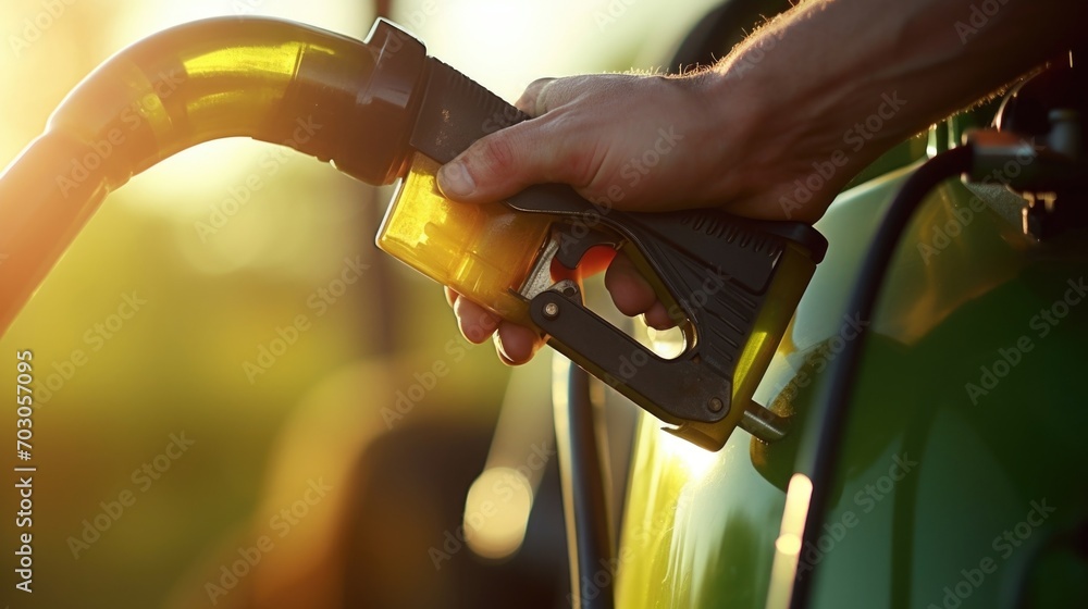 Closeup of a farmers hand adjusting a biofuel pump on a tractor.