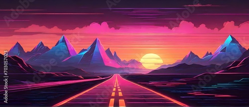Neon road with sunset in the mountains