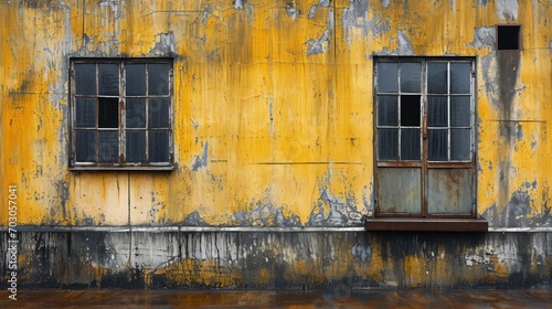 A couple of windows on the side of a building  weathered and yellowed with age  create a grunge wall scene.