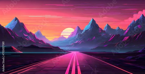 Neon road with sunset in the mountains © abdel moumen rahal