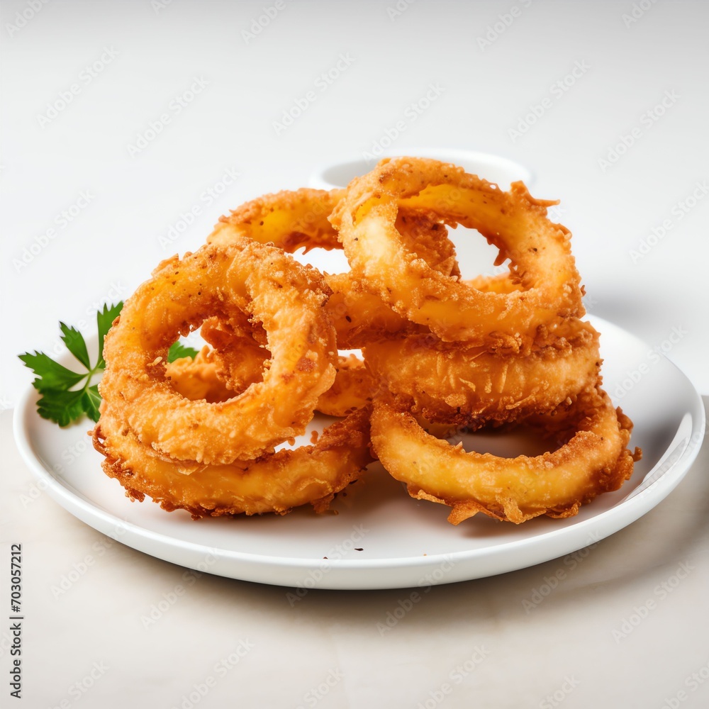 a small plate of delicious onion rings, positioned square to the camera, white background, shot from a very low angle a small plate of delicious onion rings, positioned square to the camera, white background, shot from a very low angle