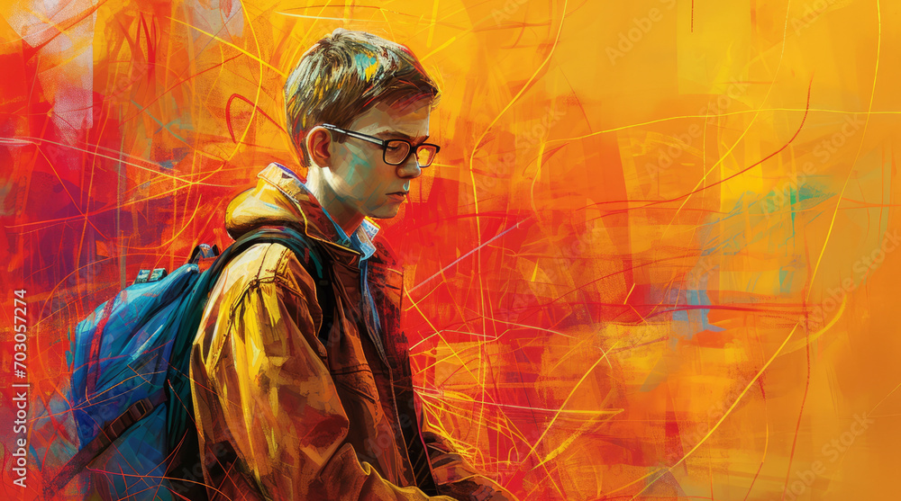 Fototapeta premium A vibrant digital painting presents a boy with a backpack sitting on a bench, creating an expressive artwork.