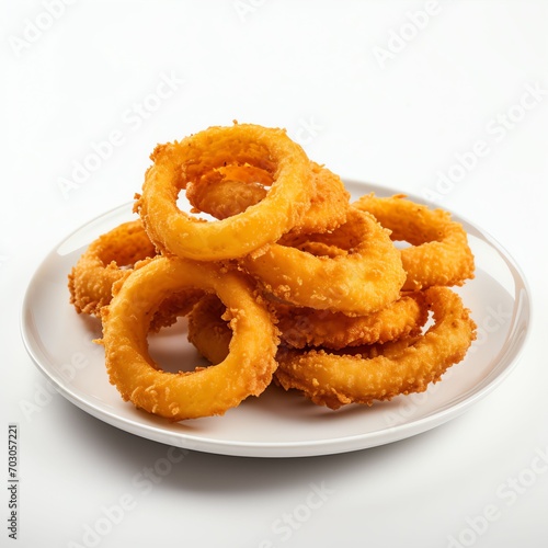 a small plate of delicious onion rings, positioned square to the camera, white background, shot from a very low angle