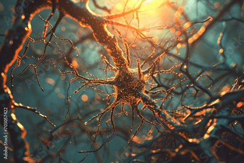 Neural networks weave through the brain, resembling a complex web of connections. The visual encapsulates the intricate dance of signals and processes within the neural landscape. photo