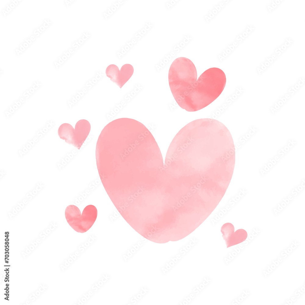 Vector watercolor illustration set of pink heart elements