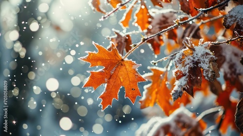 Charming winter scene of a beautiful natural landscape with close-up orange maple leaves, branches covered in snow.