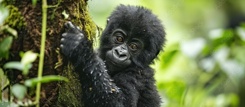 Obraz premium Adorable baby gorilla clings to tree in Bwindi Impenetrable National Park.